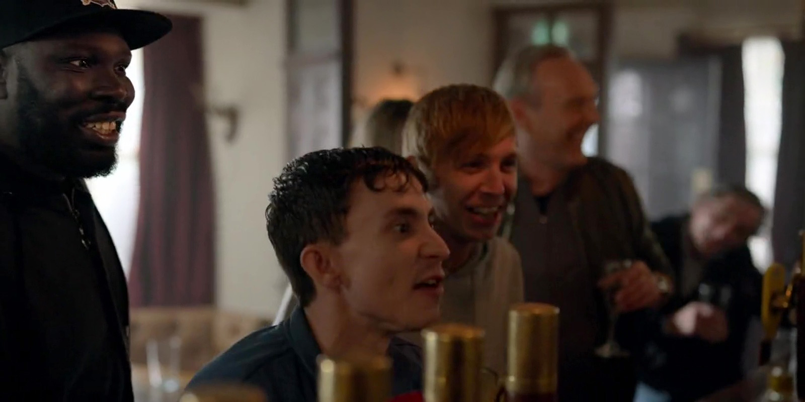 Three lagers, please, Mae. They